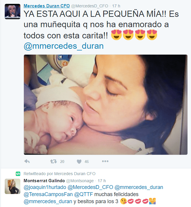 foto de mercedes durán y su recién nacido en twitter